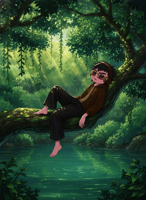 An anime-style illustration of a young character with dark hair, sunglasses, and headphones relaxing barefoot on a tree branch over a green pond in a lush forest.