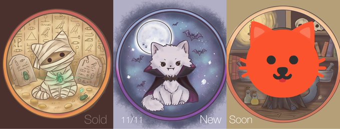 Three circular NFT-style illustrations: a mummy cat labeled 'Sold', a vampire cat under a full moon labeled 'New', and a red cat silhouette labeled 'Soon'.