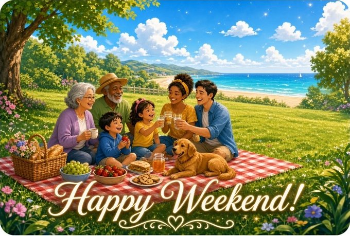 An illustrated 'Happy Weekend!' greeting card depicting a multigenerational family having a picnic on a red-checkered blanket in a grassy field near the ocean, complete with a dog, picnic basket, and fresh food.