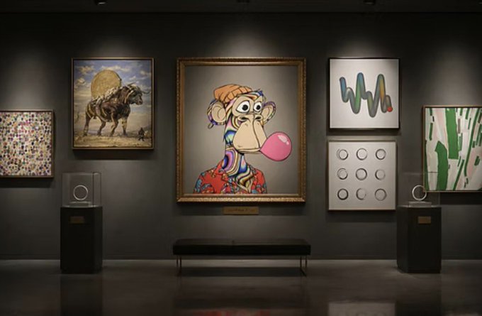 The image showcases an art gallery-style display featuring a prominent central painting of a colorful, trippy Bored Ape NFT character with a pink bubblegum bubble, flanked by various other modern artworks including abstract pieces and a painting of a bull-like creature, with a black bench positioned below. This visual presentation aligns with the post about a collector named Kultures adding a Trippy Fur Bored Ape NFT to their collection for 33 ETH (approximately $51K), as the featured painting represents the type of psychedelic Bored Ape NFT artwork being collected.