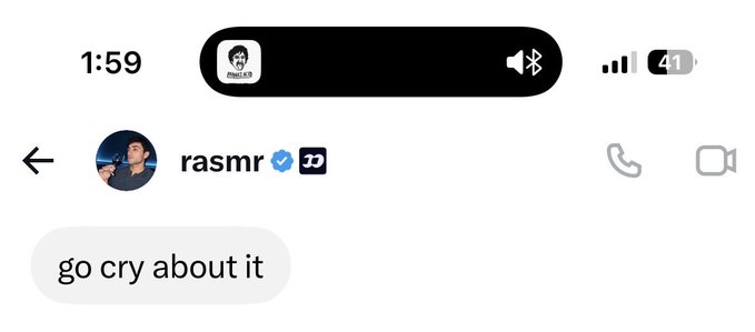 The image shows a screenshot of an Instagram DM conversation with verified user "rasmr" (with a music note icon), where they have sent a single message saying "go cry about it." This relates to the post by @rasmr_eth, who is humorously recounting how someone lost $10k on a fake memecoin and got upset, with rasmr's dismissive "go cry about it" reply captured as the punchline of the story.