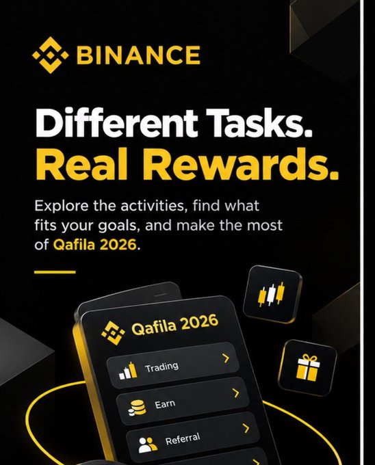 A Binance promotional graphic for “Qafila 2026” reading “Different Tasks. Real Rewards.” and inviting users to explore activities that fit their goals. It shows in-app task categories such as “Trading,” “Earn,” and “Referral,” matching the post about Binance’s Qafila campaign running October 20–November 30 with $1,000,000 in total rewards.