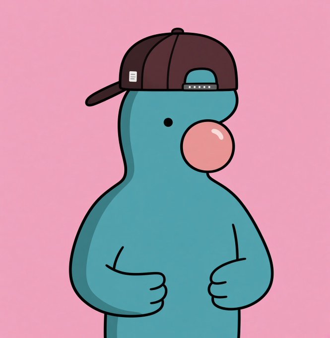 A cartoon illustration of a teal-colored creature wearing a backwards brown baseball cap with a bubble gum bubble emerging from its mouth, set against a pink background.