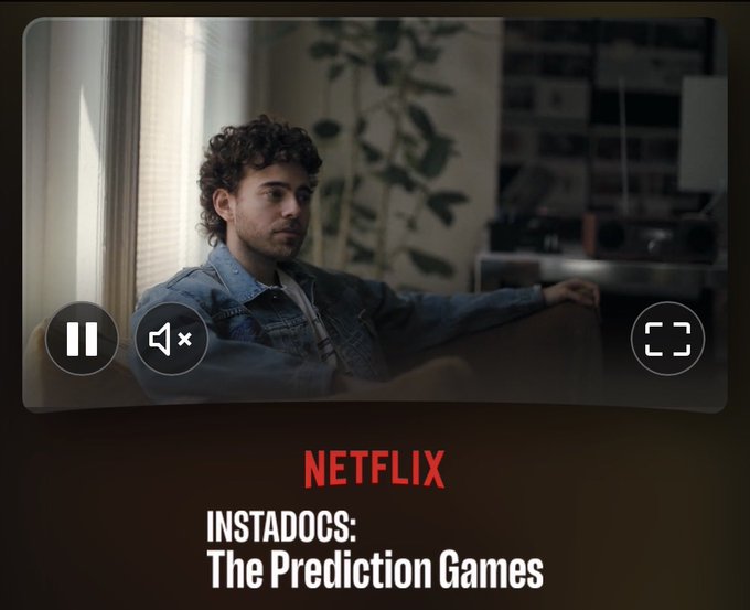 A Netflix interface displays a paused scene from 'INSTADOCS: The Prediction Games,' showing a young man with curly hair sitting on a couch.