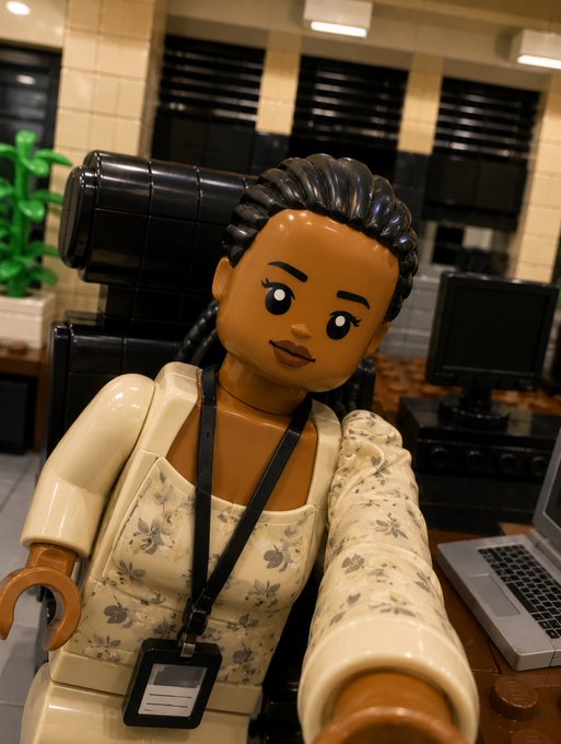 A LEGO minifigure of a dark-skinned woman with braided hair wearing a floral cream-colored top and an ID lanyard, posed holding a camera in an office setting.