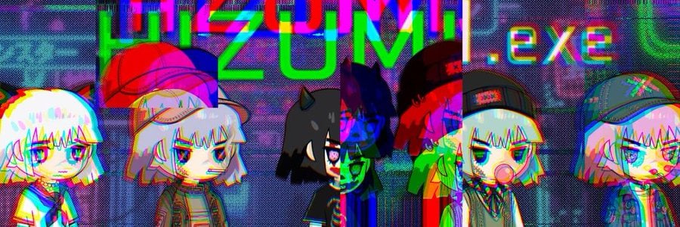 Glitch-style banner featuring "HIZUMI.exe" text and five anime character variations with vibrant chromatic effects, promoting a giveaway for 3 GTD + 10 FCFS spots from @hizuminft, where participants must like, follow, and retweet to enter.