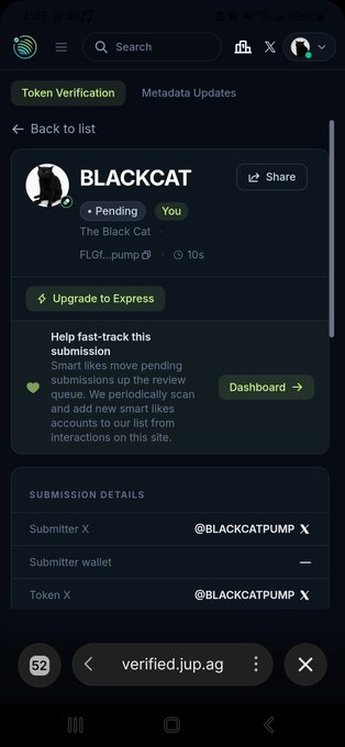 A mobile screenshot of a 'Token Verification' page for a token named BLACKCAT, submitted by @BLACKCATPUMP, pending review on verified.jup.ag.
