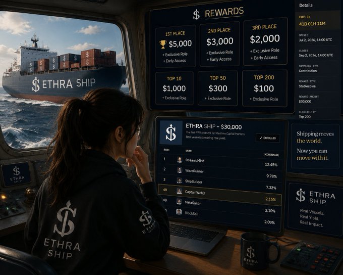 A woman wearing an 'ETHRA SHIP' hoodie sits at a computer displaying a rewards dashboard with 1st Place $5,000, 2nd Place $3,000, 3rd Place $2,000, and a leaderboard for ETHRA SHIP worth $30,000.