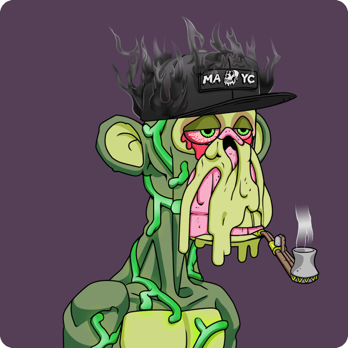 An illustrated cartoon character resembling a green, melting monkey wearing a black 'MAYC' cap and smoking a pipe.
