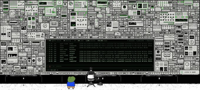 A digital artwork featuring a small cartoon character standing before a massive terminal screen displaying system commands, surrounded by walls covered in technical interface panels.