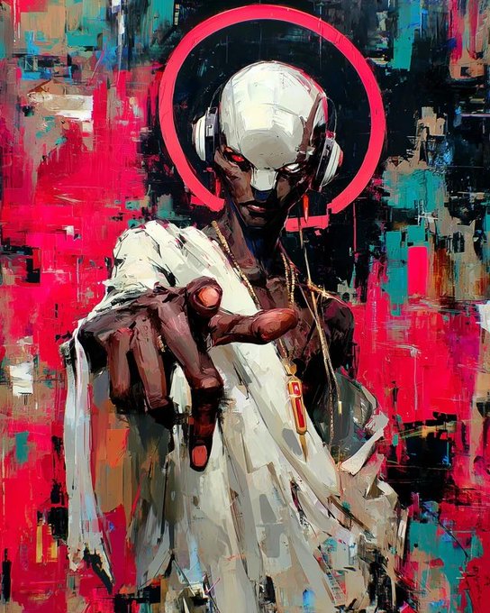 A vibrant digital painting of a stylized figure with headphones, a red halo, and extended hands, rendered in an abstract, glitch-art style.