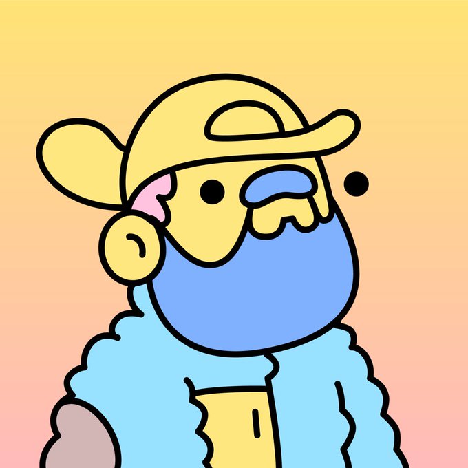 A cartoon illustration of a character with a blue beard wearing a yellow cap and fur-lined coat against a yellow-orange gradient background.