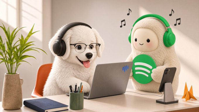 An animated illustration of a white dog wearing glasses and headphones using a laptop next to a fluffy white character with green headphones holding a Spotify logo, with music notes floating above.