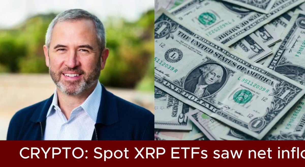 The image features a man smiling next to a pile of money, which includes several US dollar bills. Below the man's photo, there is text that reads "Crypto: Spot XRP ETFs saw net inflc." This suggests that the man might be discussing or promoting cryptocurrency and its ETFs in relation to the financial content displayed in the image.