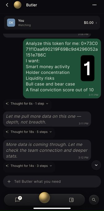 A chat interface titled 'Butler' shows a user requesting analysis of a token address for smart money activity, holder concentration, liquidity risks, and bull/bear case, with a final conviction score of 1.