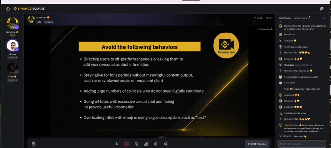Screenshot of a Binance Square livestream tutorial titled "Avoid the following behaviors" listing prohibited activities like directing users off-platform, staying live without content, and adding inactive co-hosts, with a live chat sidebar visible.