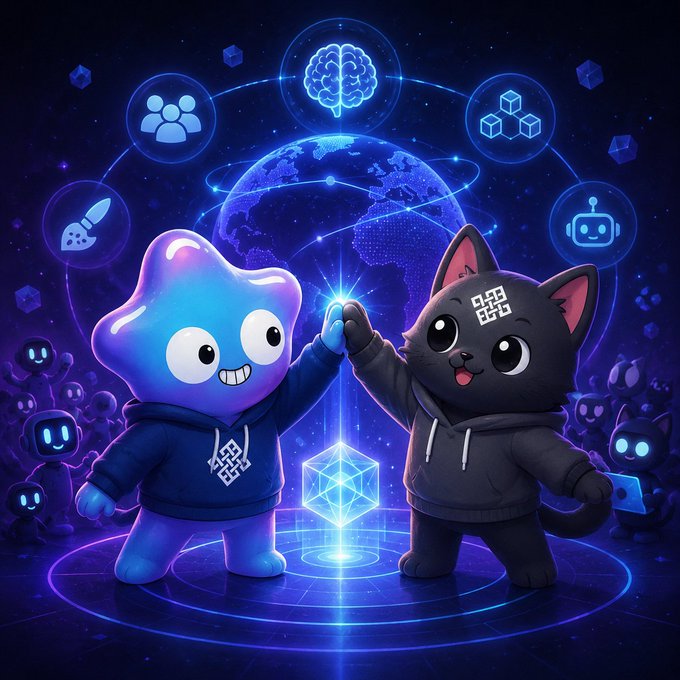 A vibrant digital illustration of a blue blob character and a black cat giving a high-five, surrounded by tech icons including a brain, robot, and geometric shapes against a world map background.