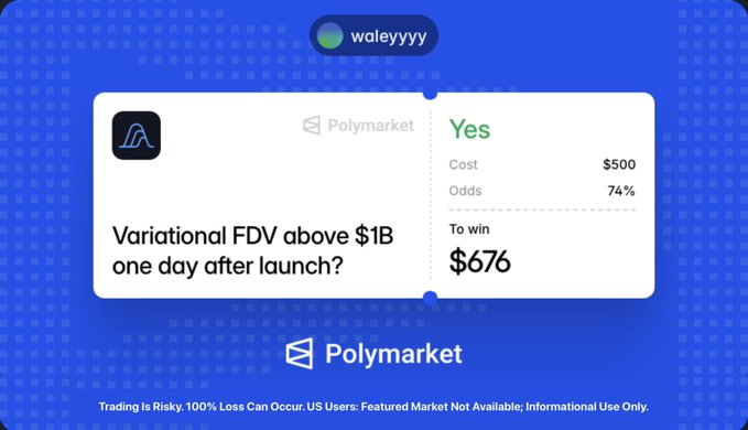 A Polymarket prediction card shows a user named "waleyyyy" betting $500 on "Yes" at 74% odds that Variational's FDV will be above $1B one day after launch, with a potential win of $676—suggesting the poster fears this public bet may jinx the outcome before launch.