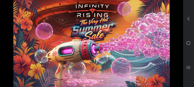 A vibrant promotional banner for 'INFINITY RISING The Very Hot Summer Sale,' featuring a colorful bubble gun and tropical flowers.