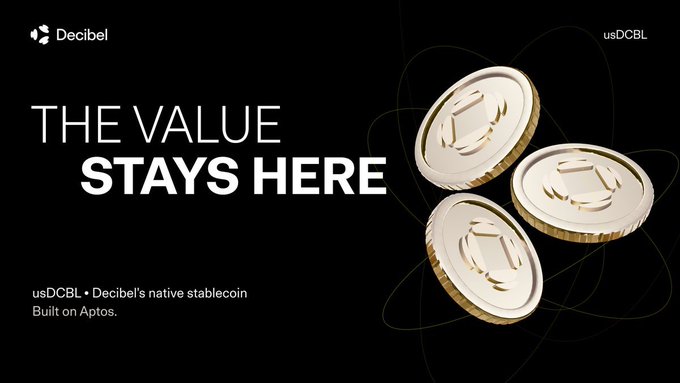 Decibel promotional graphic with text 'THE VALUE STAYS HERE' promoting 'usDCBL • Decibel's native stablecoin Built on Aptos,' featuring three gold coin illustrations.