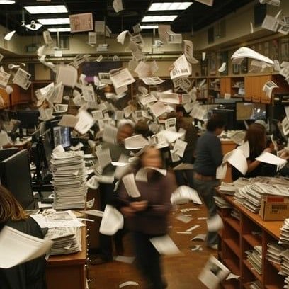 A chaotic newsroom scene where papers are flying everywhere as people work frantically at desks piled high with stacks of documents, creating a sense of overwhelming activity.