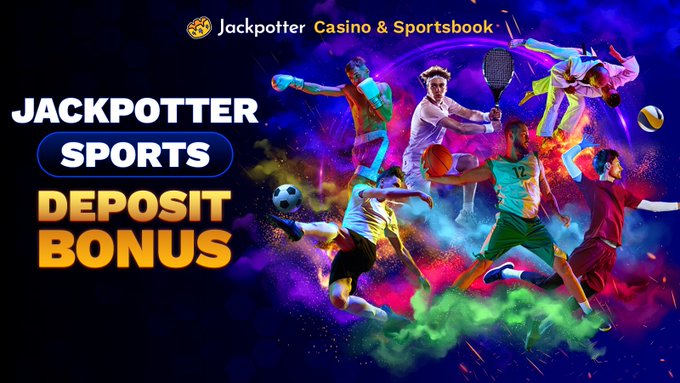 A promotional banner for 'Jackpotter Casino & Sportsbook' advertising a 'SPORTS DEPOSIT BONUS,' featuring athletes in dynamic action poses against a colorful, smoky purple and orange background.
