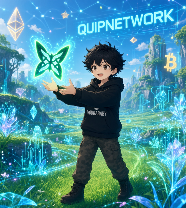 An anime-style illustration features a young boy wearing a black 'VODKABABY' hoodie standing in a vibrant, magical landscape surrounded by glowing crystals and cryptocurrency symbols (Ethereum and Bitcoin), with a green butterfly near his hands and the text 'QUIPNETWORK' in neon blue above.
