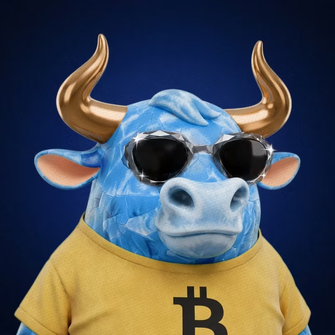 A 3D rendering of a blue bull character with gold horns wearing sunglasses and a yellow shirt featuring the Bitcoin logo.