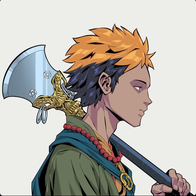 An anime-style illustration showing the side profile of a young character with spiky orange and dark hair, wearing a green garment and red beaded necklace, carrying a large ornate axe over their shoulder.