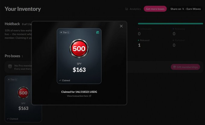 A dark digital interface displaying an inventory screen with a claimed prize of '500 SPY' worth '$163', noted as 'Claimed for 146.518321 USDG'.