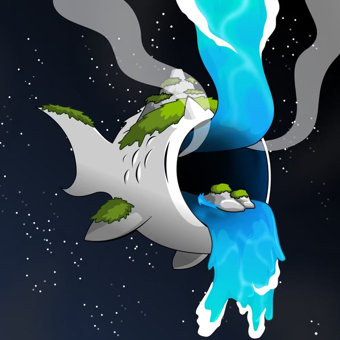 A digital illustration showing a gray, fin-like creature in space, with patches of green grass on its body, near a stream of blue water flowing into the dark, starry background.