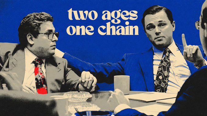A retro-styled blue poster reading 'two ages one chain' showing two men in suits at a meeting table, one pointing upward while the other looks on.