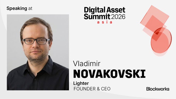 A promotional graphic for the Digital Asset Summit 2026 Asia (Blockworks) featuring a headshot of Vladimir Novakovski, Founder & CEO of Lighter, with text announcing his speaking engagement on October 7th in Singapore.