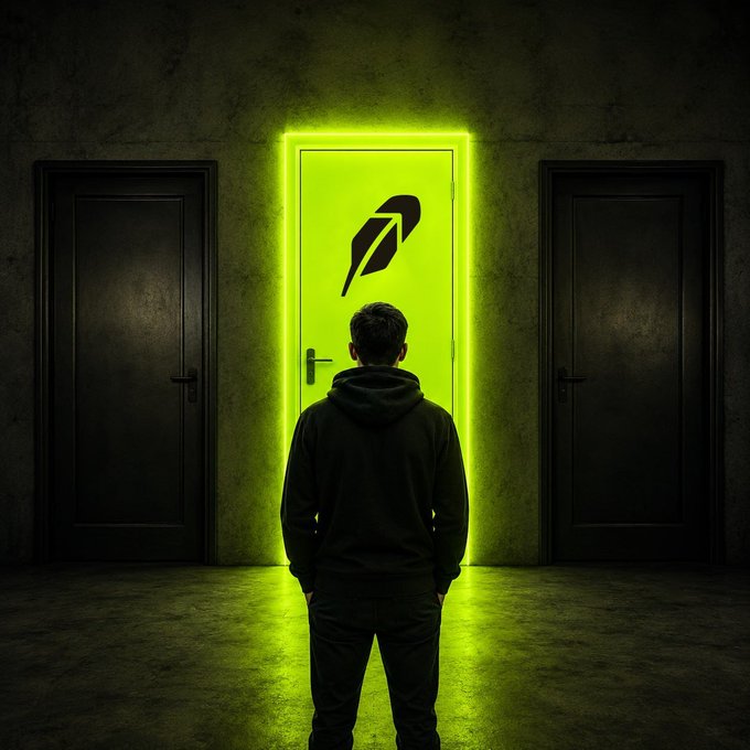 A man stands before three doors, with the glowing green center door displaying the Robinhood feather logo, symbolizing a pivotal choice. The illuminated middle path aligns with the post's message of Robinhood being "ready to run."