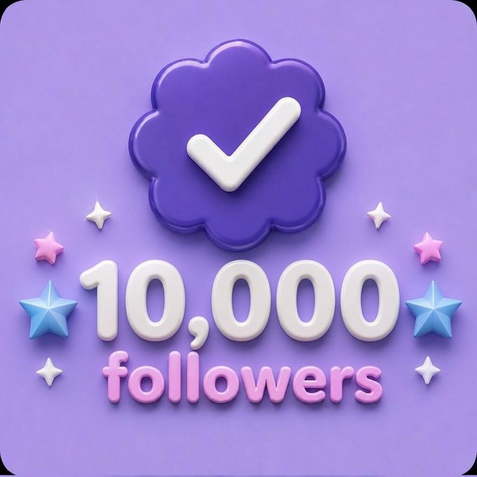 A purple 3D-rendered graphic celebrating '10,000 followers' with a white checkmark inside a flower-shaped badge, surrounded by pastel stars.
