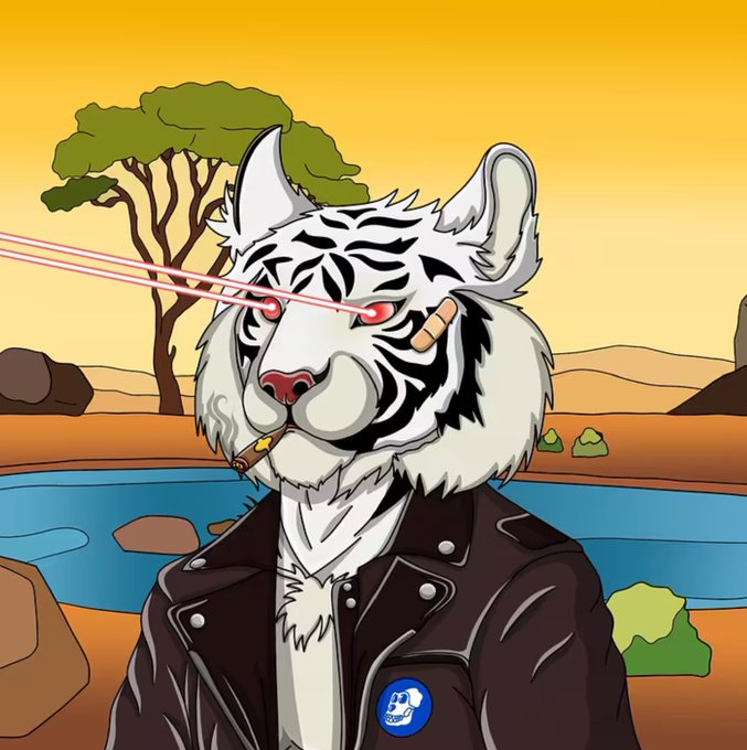 A digital illustration of a white tiger with red glowing eyes, laser beams shooting from them, wearing a leather jacket and smoking a cigarette against a savanna backdrop.