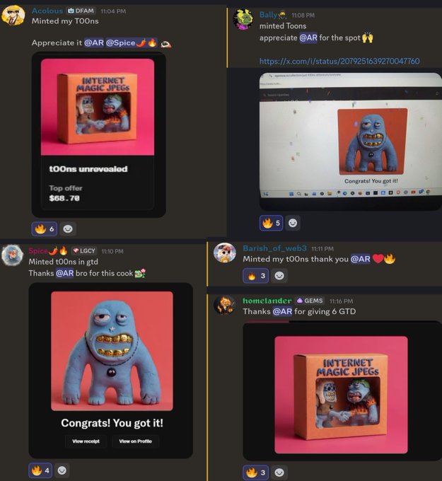 Multiple Discord users (Acolous, Bully, Spicc, Barish_of_web3, and homclander) share screenshots of their successful mints from the "tOOns" NFT collection, displaying congratulatory messages and showing the "Internet Magic JPEGs" artwork and a blue monster character on pink backgrounds.