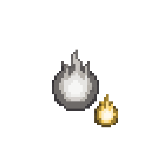 A simple pixel art image depicting a gray orb or shell with a smaller golden object next to it on a white background.