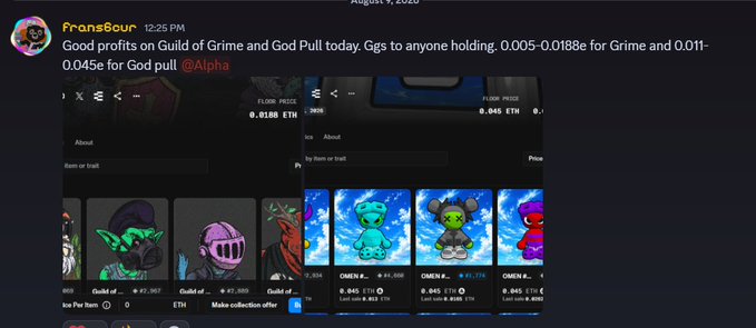 The screenshot shows a Discord message from user "FransBaur" at 12:25 PM announcing "Good profits on Guild of Grime and God Pull today: 0.005-0.0188e for Grime and 0.011-0.045e for God pull @Alpha," with attached NFT marketplace listings on Floor and Ice platforms displaying character artwork items priced in ETH. This aligns with the celebratory tone of the post about "casual weekend gains," visually documenting the profitable NFT sales being shared with the chat.