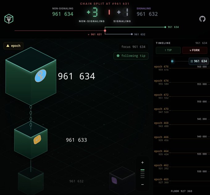 A blockchain visualization dashboard showing chain split at epoch #961631 between non-signaling (961634) and signaling (961632) chains, with a timeline and 3D cube block representations.