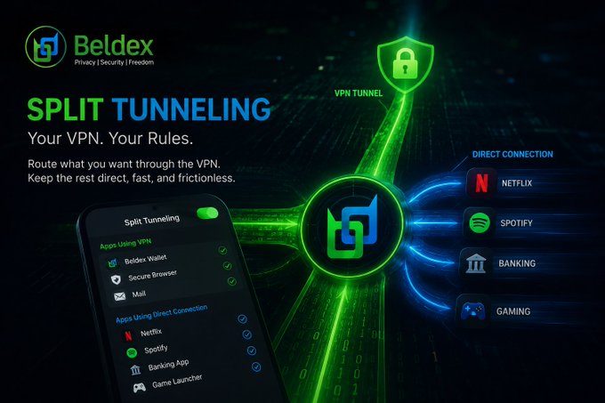 An advertisement for Beldex VPN featuring its 'Split Tunneling' feature, showing a mobile app interface that routes certain apps through the VPN tunnel while allowing others like Netflix, Spotify, Banking, and Gaming to use direct connection.