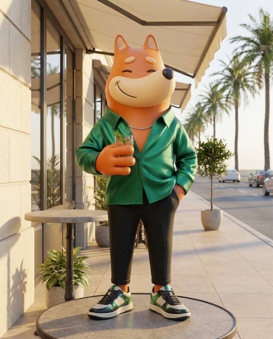 An anthropomorphic Shiba Inu character dressed in a green silk shirt, black pants, and sneakers stands relaxed outside a building while holding a drink, embodying the cool, confident supporter of BONK referenced in the caption. The "intern" persona—a mascot associated with the Bonk crypto community—is depicted as a laid-back, stylish figure enjoying a casual moment, mirroring the enthusiastic and unwavering bullish sentiment expressed in the post.
