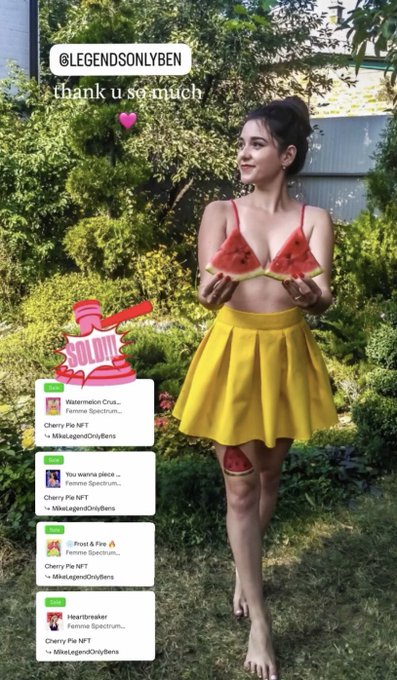 A video thumbnail featuring a woman in a yellow skirt holding watermelon slices as a top, with text '@LEGENDSONLYBEN thank u so much' and 'SOLD OUT', alongside a chat showing 'Cherry Pie NFT' sales.