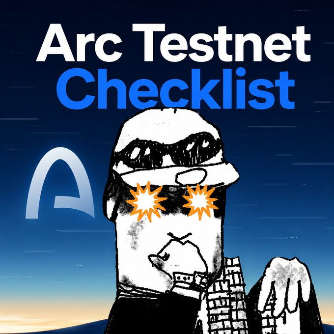 The image features a "Wojak" meme character wearing sunglasses with a checkmark, set against a blue background with the bold title "Arc Testnet Checklist," along with the Arc logo. This visually represents the post's theme of providing a checklist of activities users can complete on Arc's testnet to keep their wallets active ahead of mainnet, while referencing the OTC hype around $USDC on Arc.