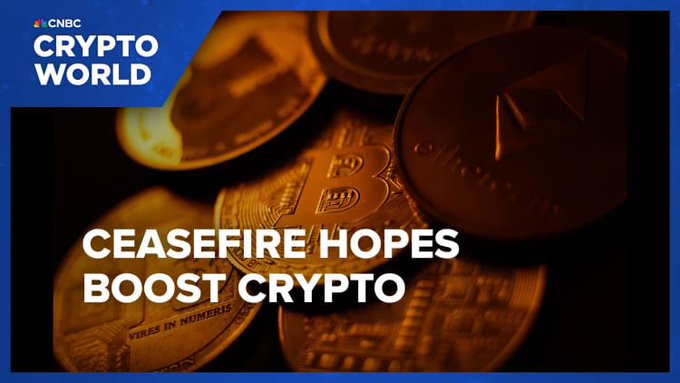CNBC Crypto World thumbnail with text 'CEASEFIRE HOPES BOOST CRYPTO' over Bitcoin and Ethereum coins.