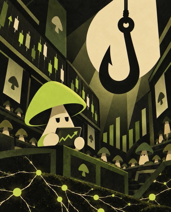 An artistic illustration featuring a mushroom character in a green hood holding a tablet displaying a green upward chart, set against a backdrop with a large fishing hook under a moon and floating financial candlestick graphs.