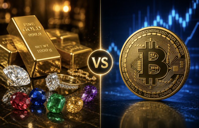 Image 10: A split-screen graphic comparing traditional assets, showing gold bars, diamonds, and gemstones on the left, with a 'VS' in the middle, and a physical Bitcoin coin over a blue stock chart on the right.