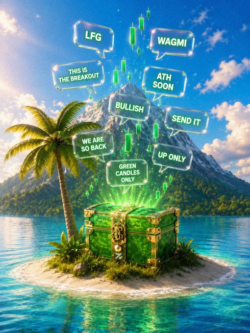 A tropical island scene features a glowing green treasure chest with floating speech bubbles containing crypto slang like 'LFG', 'WAGMI', 'BULLISH', 'ATH SOON', and 'GREEN CANDLES ONLY', alongside green candlestick chart patterns rising into the sky.