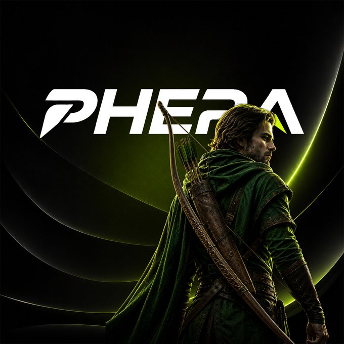 A dark, green-tinted poster featuring an archer in a green cloak seen from behind, with the stylized text 'PHERA' in white across the top.