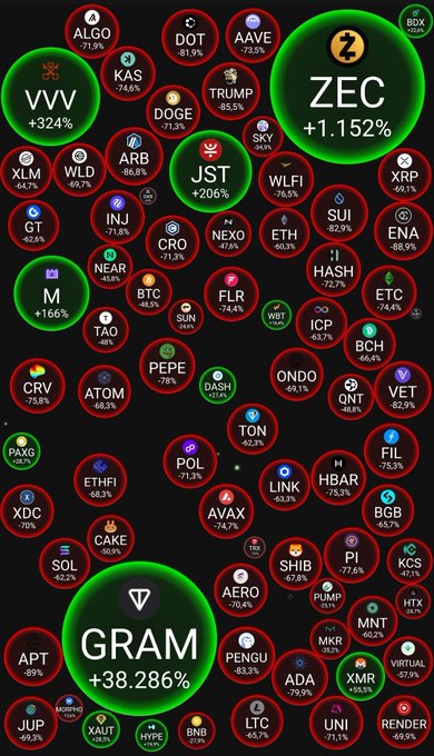 The image displays a heatmap-style visualization of the top 100 cryptocurrencies showing their yearly performance, with most tokens marked in red to indicate significant losses (BTC -48.5%, ETH -60.3%, SOL -62.2%, ADA -75.5%), while only a select few stand out in green as gainers, including ZEC +1.152%, VVV +324%, JST +206%, and M +166%. The visual starkly reinforces the post's message about the "brutal purge" in crypto, illustrating how rare positive performance has been across the market.